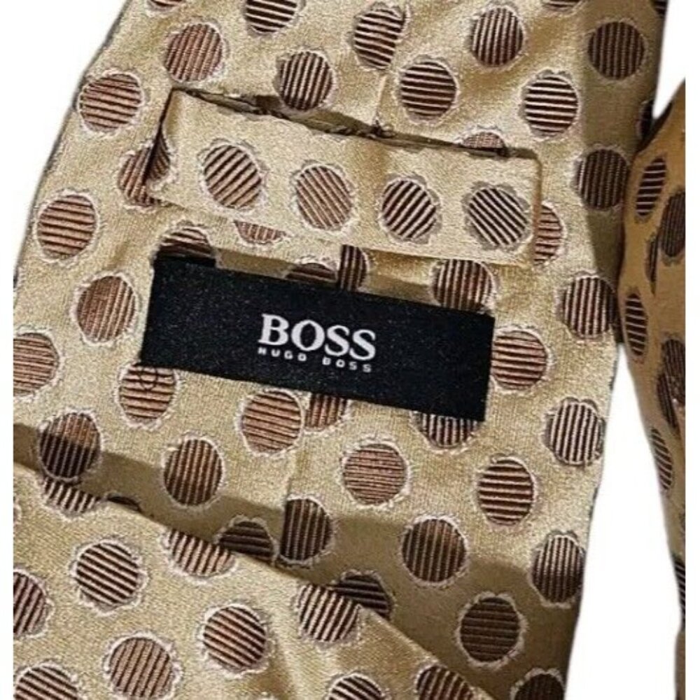 HUGO BOSS Men's 100% Silk Necktie LUXURY Tie Beige Geometric W:3.6" EUC - Picture 2 of 4